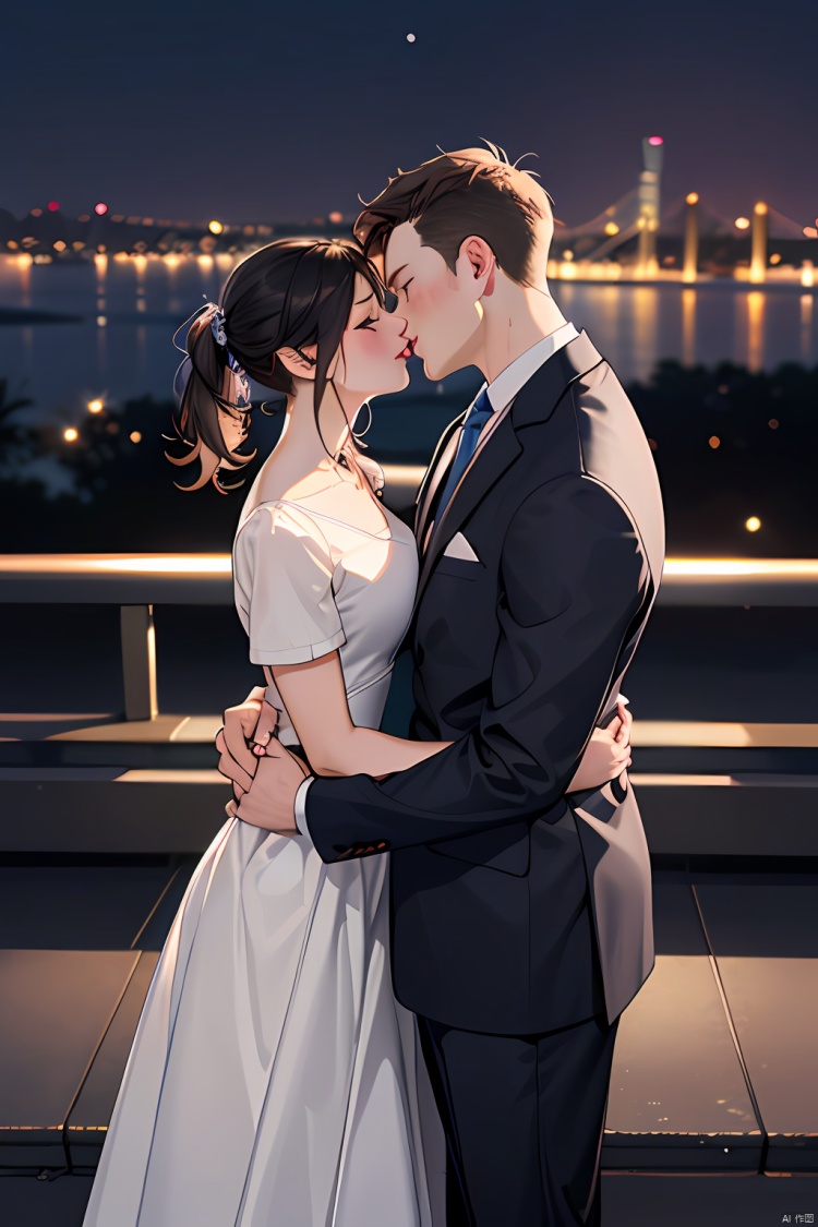  masterpiece,best quality,a couple in a suit and tie are kissing in front of a cityscape with lights in the background,