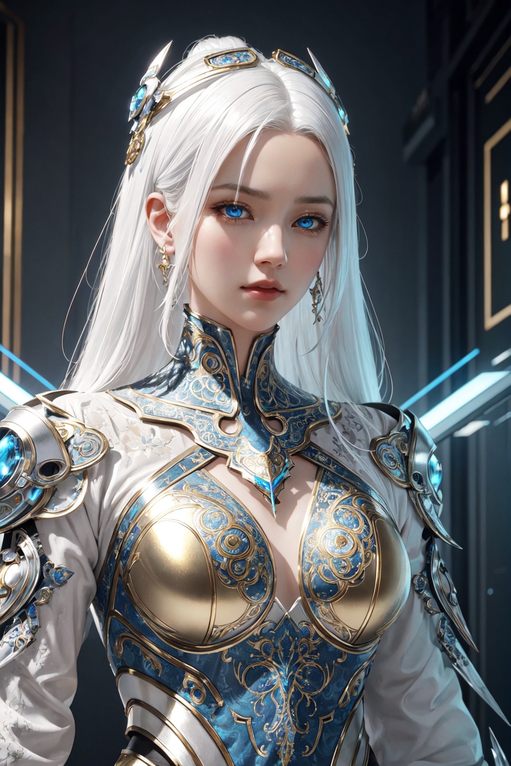 surreal photography of a stunningly beautiful cyborg female,  white hair,  blue eyes on Tensor.Art