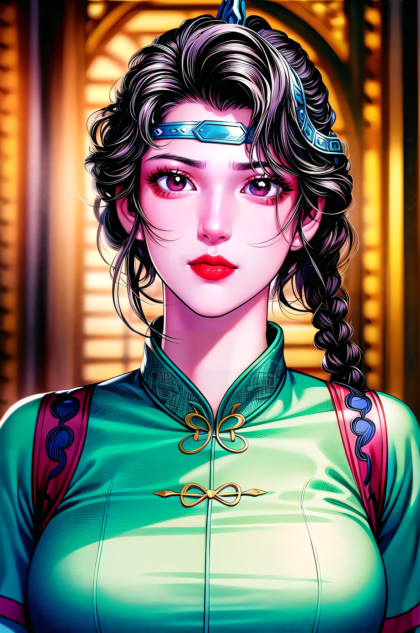yuanshen, 1girl, solo, brown hair, braid, portrait, headband, red eyes, lips, hair ornament, cowboy_shot,,nice hands, ,perfect balance, looking at viewer, closed mouth, (Light_Smile:0.3), official art, extremely detailed CG unity 8k wallpaper, perfect lighting, Colorful, Bright_Front_face_Lighting, White skin, (masterpiece:1), (best_quality:1), ultra high res, 4K, ultra-detailed, photography, 8K, HDR, highres, absurdres:1.2, Kodak portra 400, film grain, blurry background, bokeh:1.2, lens flare, (vibrant_color:1.2), professional photograph, (narrow_waist),, dark studio
