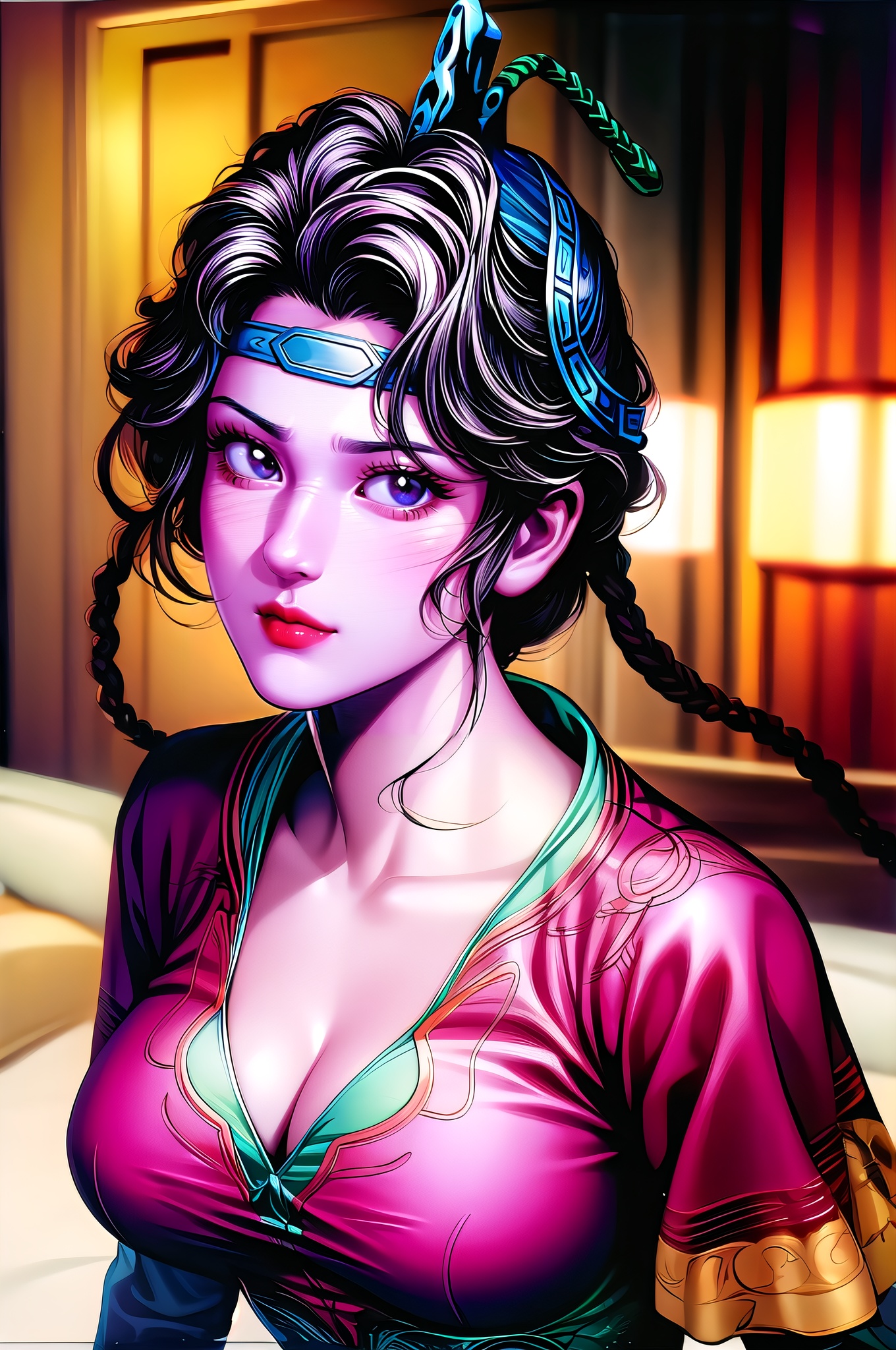 yuanshen, 1girl, solo, brown hair, braid, portrait, headband, red eyes, lips, hair ornament,  nice hands,  Beautiful long legs,  Beautiful body,  Beautiful Nose,  Beautiful character design,  perfect eyes,  perfect face,  expressive eyes,  perfect balance,  looking at viewer,  (Focus on her face),  (innocent_big_eyes:1),  official art,  extremely detailed CG unity 8k wallpaper,  perfect lighting,  Colorful,  Bright_Front_face_Lighting,  White skin,  (masterpiece:1),  (best_quality:1),  ultra high res,  4K,  ultra-detailed,  photography,  8K,  HDR,  highres,  absurdres:1.2,  Kodak portra 400,  film grain,  blurry background,  bokeh:1.2,  lens flare,  (vibrant_color:1.2),  professional photograph,  (Beautiful,  large breasts:1.6),  (beautiful_face:1.5),  (narrow_waist), 