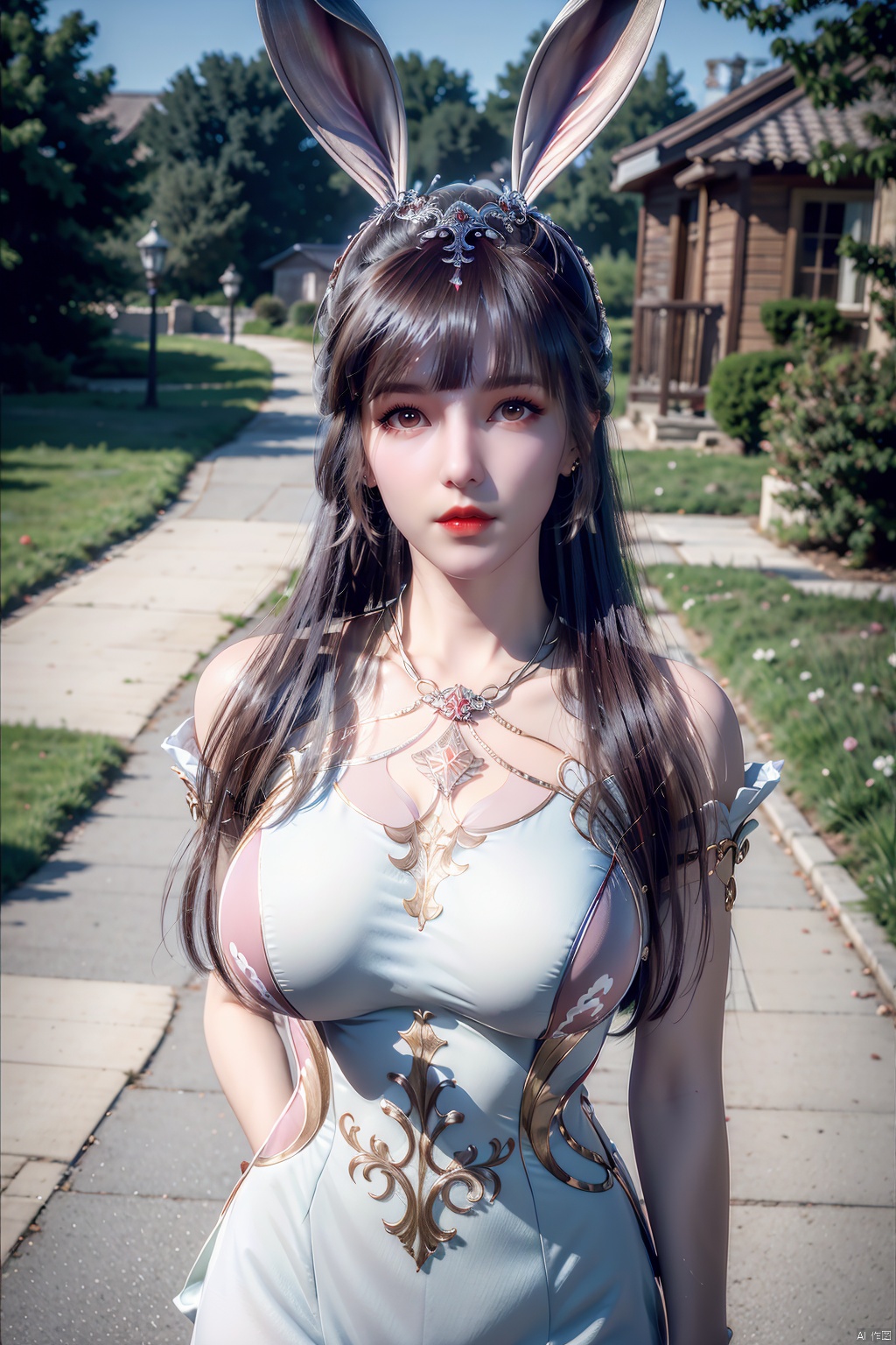 (8k, RAW photo, best quality, masterpiece:1.2),beautiful),1girl,portrait, dress,,solo,,earrings,,closed mouth,huge breast,collarbone,red lips,(rabbit ears,long hair,),(((White underwear))),outdoors,,perfect hand,,,looking at viewer, 