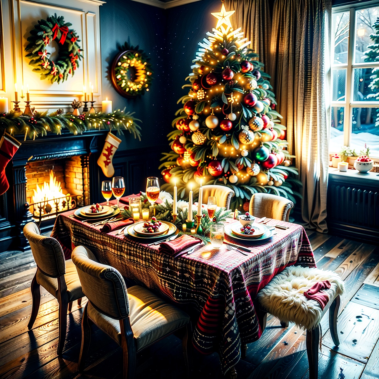 Christmas-themed room,  The room is adorned with holiday decorations,  creating a warm and inviting atmosphere. The dining...