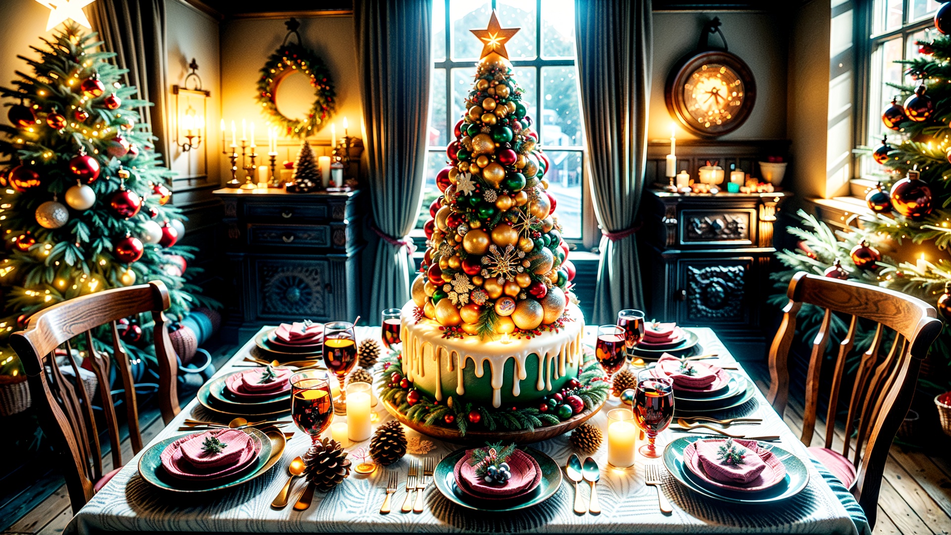 Christmas-themed room,  The room is adorned with holiday decorations,  creating a warm and inviting atmosphere. The dining...