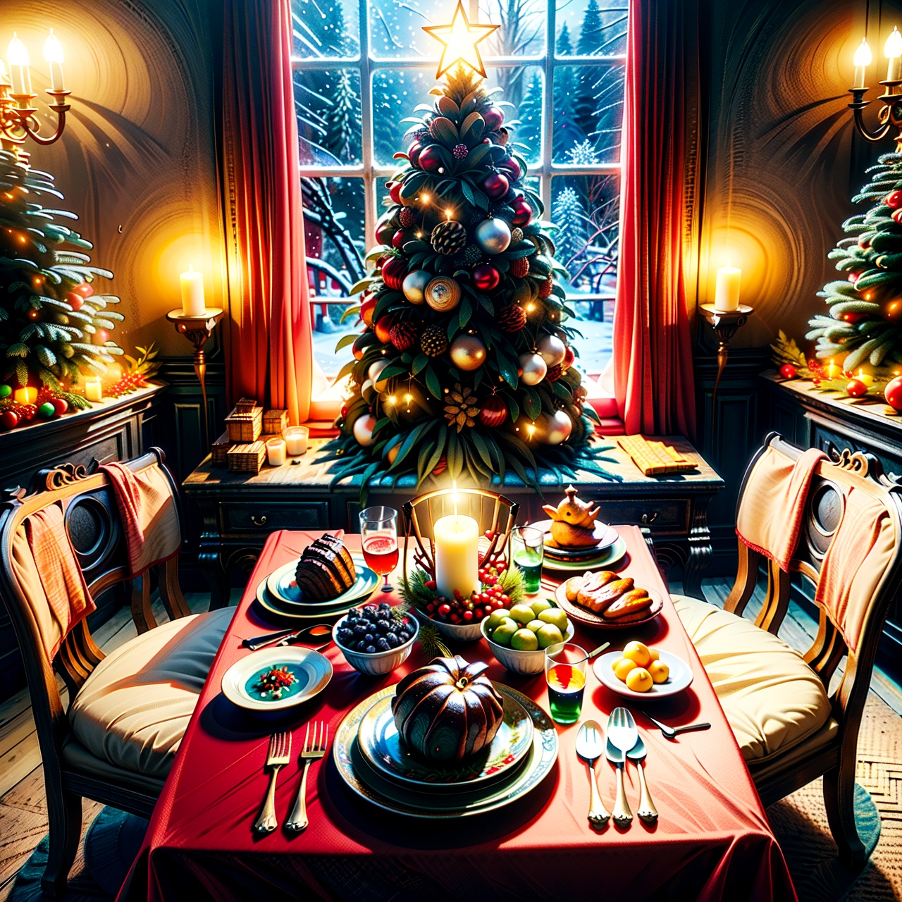 Christmas-themed room,  The room is adorned with holiday decorations,  creating a warm and inviting atmosphere. The dining...