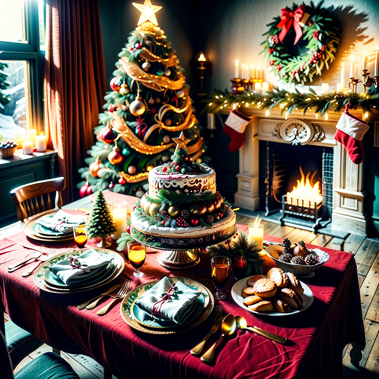 Christmas-themed room,  The room is adorned with holiday decorations,  creating a warm and inviting atmosphere. The dining...