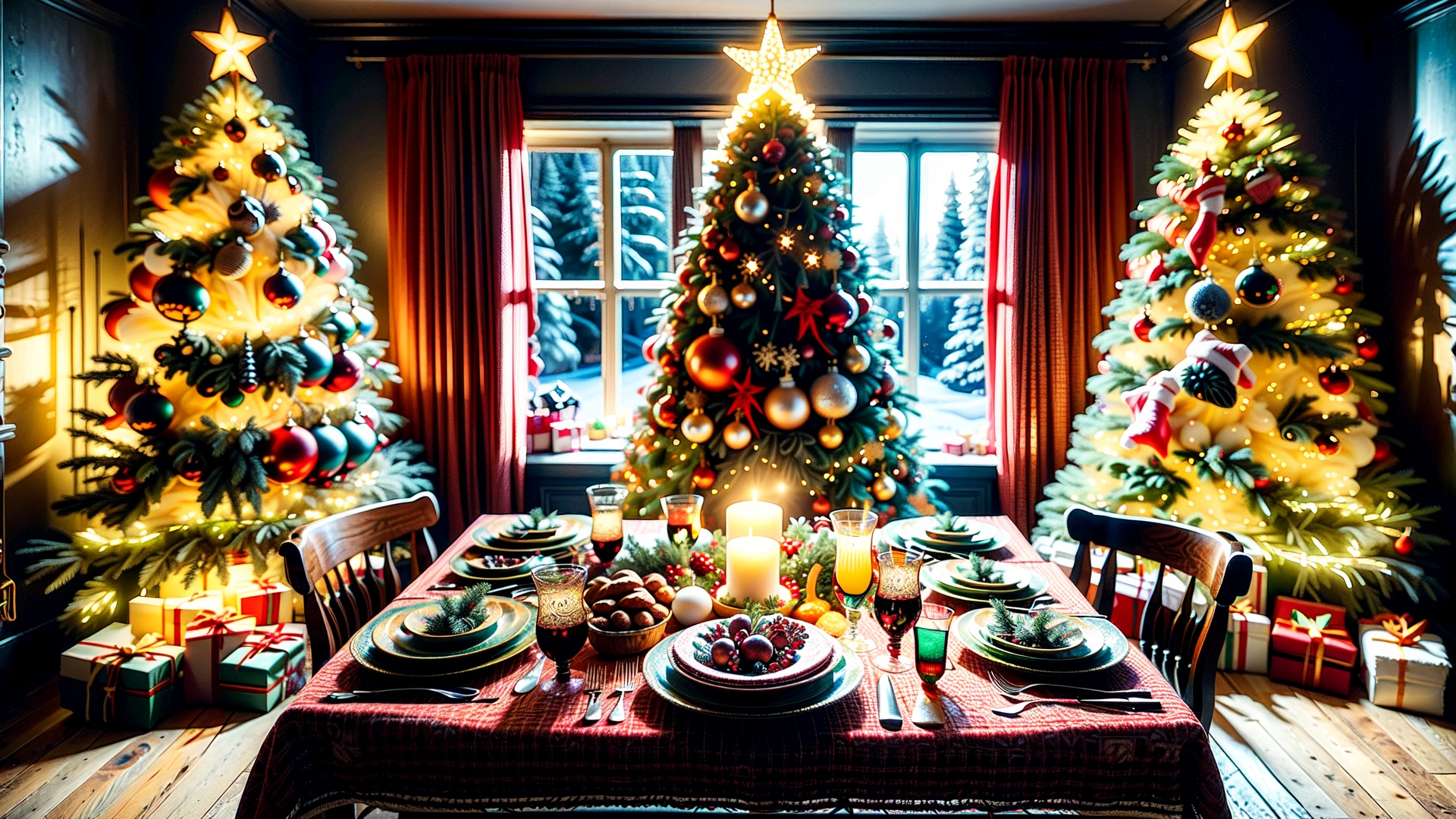 Christmas-themed room,  The room is adorned with holiday decorations,  creating a warm and inviting atmosphere. The dining...