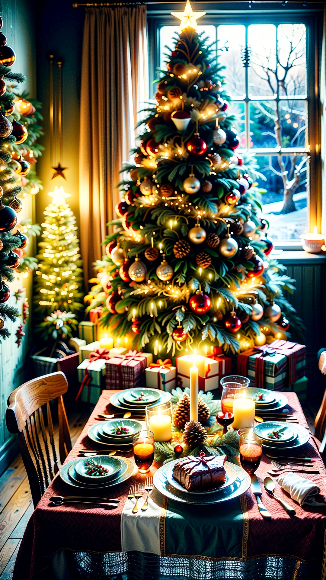 Christmas-themed room,  The room is adorned with holiday decorations,  creating a warm and inviting atmosphere. The dining...