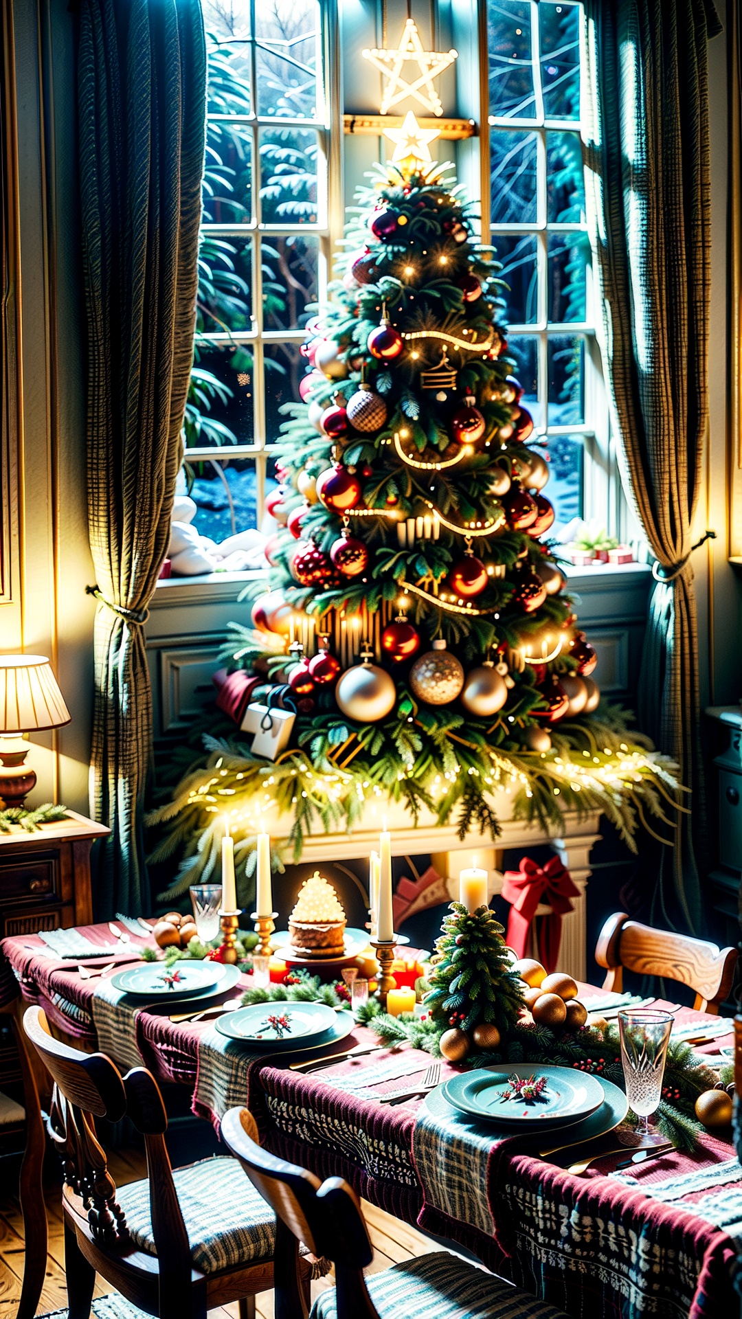 Christmas-themed room,  The room is adorned with holiday decorations,  creating a warm and inviting atmosphere. The dining...