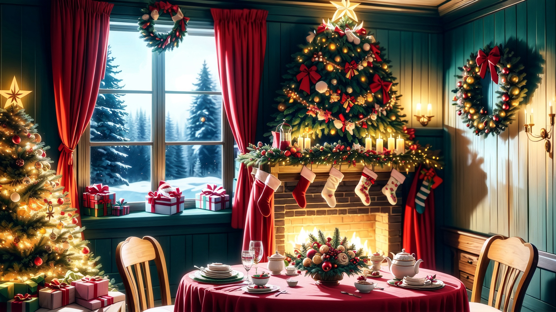 Christmas tea,  window overlooking a magical forest,  curtains on the window on Tensor.Art