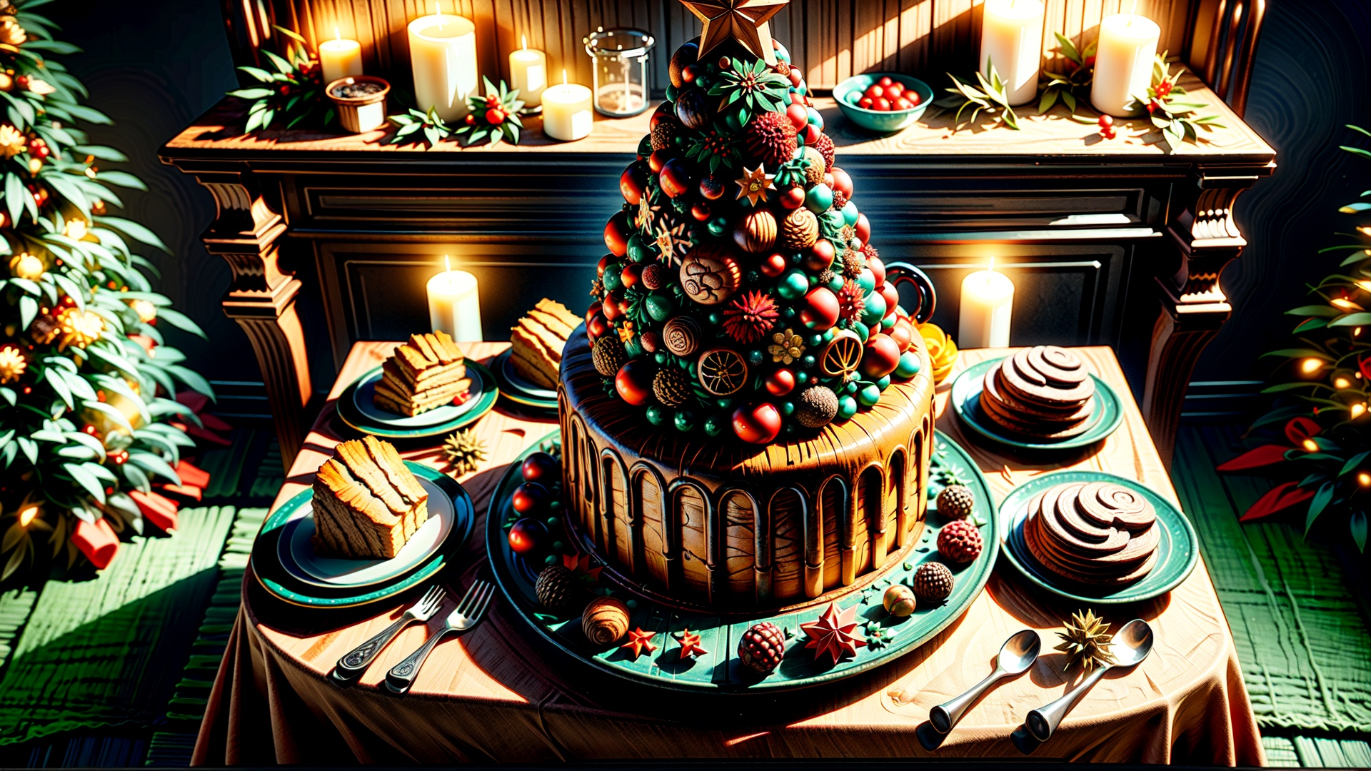 Christmas-themed room,  The room is adorned with holiday decorations,  creating a warm and inviting atmosphere. The dining...