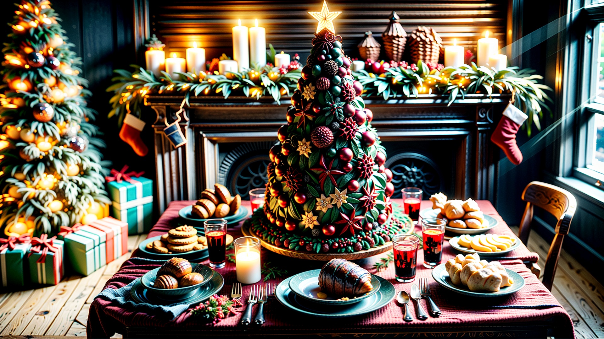 Christmas-themed room,  The room is adorned with holiday decorations,  creating a warm and inviting atmosphere. The dining...
