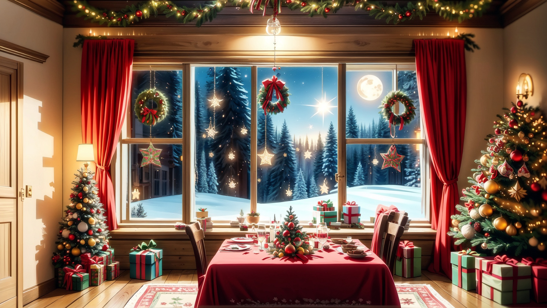 Christmas tea,  window overlooking a magical forest,  curtains on the window on Tensor.Art