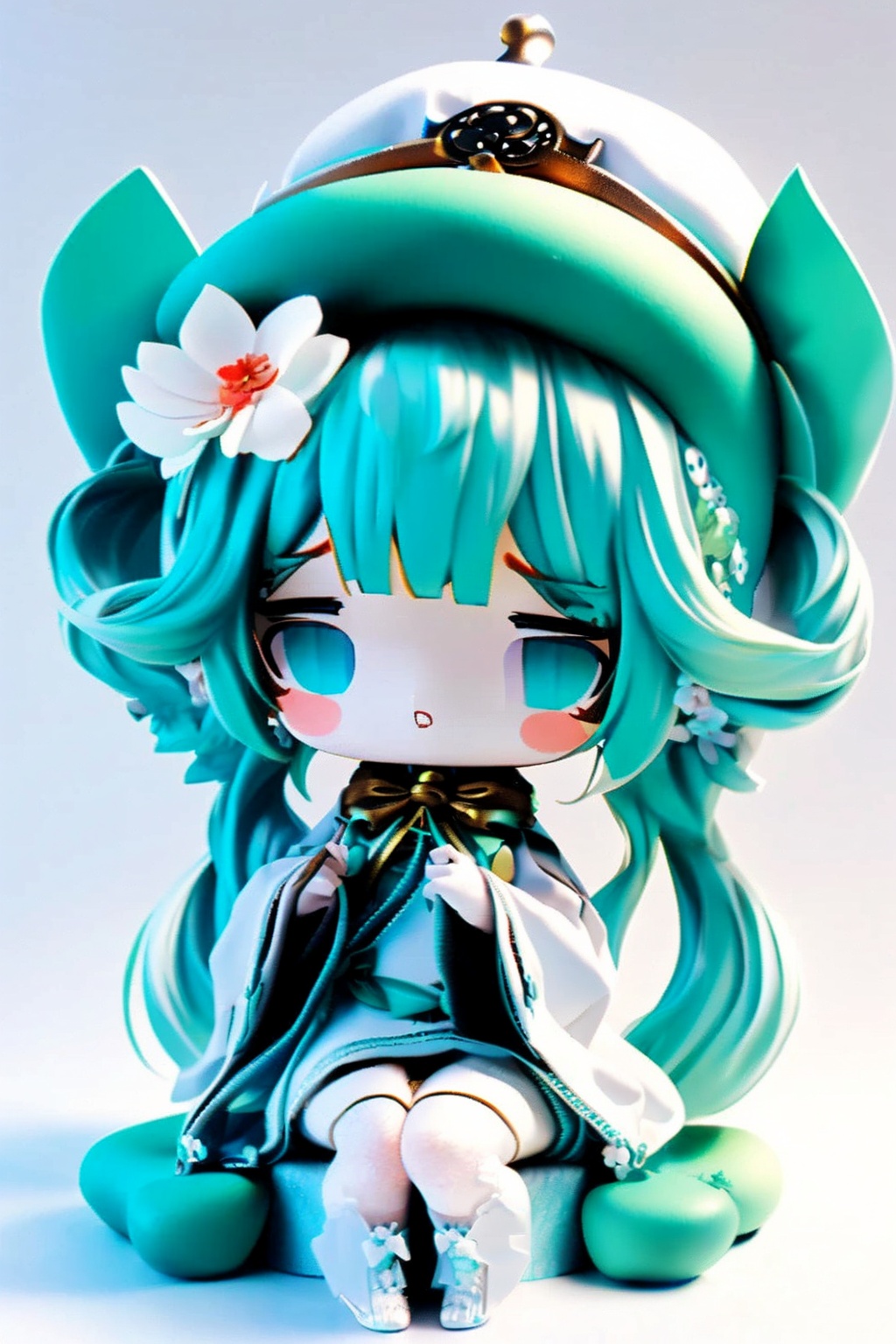  1girl,long hair,solo,twintails,chibi,hat,white background,flower,hair flower,hair ornament,green hair,sitting,simple background,dress,looking at viewer,white dress,white headwear,very long hair,blue eyes,aqua hair,bangs,faux figurine,plant,chibi,Blind box,3D model rendering,