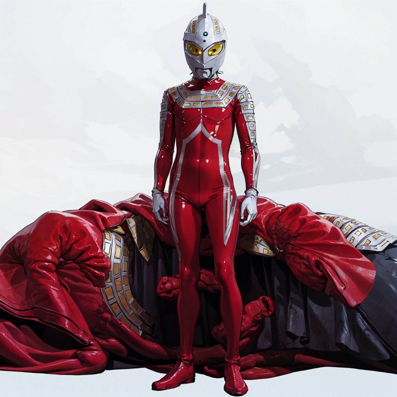 (masterpiece:1.3), (the best quality:1.2), (super fine illustrations:1.2), (Masterpiece), high quality, high detail, ((white background:1.2)), looking at viewer, (SOLO:1.4), outline, , simple background,breastplate, pauldrons, shoulder armor, armor,helmet,red footwear,red tight-fitting,silver pattern on body,bodysuit,gem,plugsuit,mask,cover,logo,boots,gloves,red legwear,red gloves,red bodysuit,leather suit,ultraman,latex,silver pattern on leg,