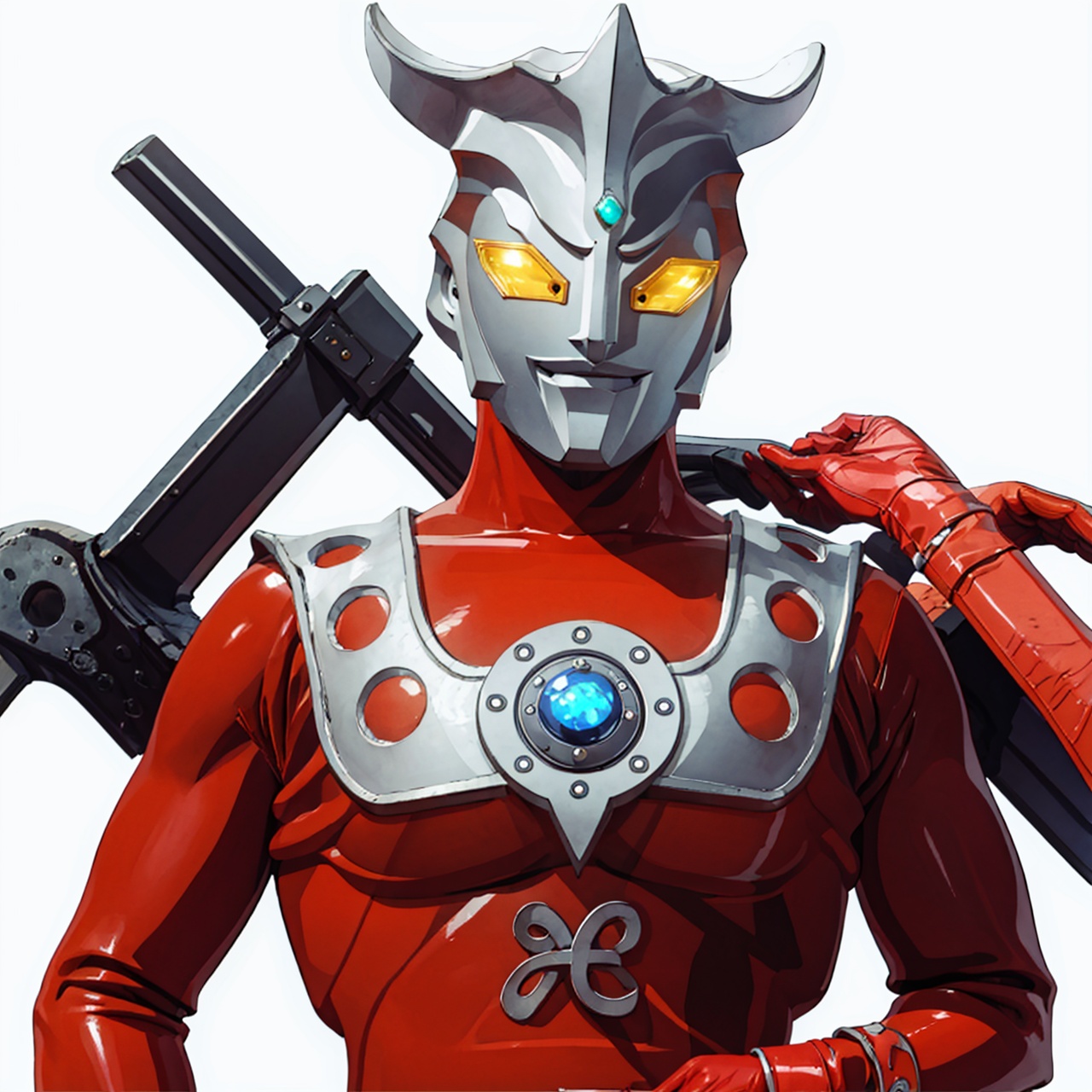  (masterpiece:1.3), (the best quality:1.2), (super fine illustrations:1.2), (Masterpiece), high quality, high detail, ((white background:1.2)), looking at viewer, (SOLO:1.4), outline, , simple background,breastplate, pauldrons, shoulder armor, armor,helmet,red footwear,red tight-fitting,silver pattern on body,bodysuit,gem,plugsuit,mask,cover,logo,boots,gloves,red legwear,red gloves,red bodysuit,leather suit,ultraman,latex