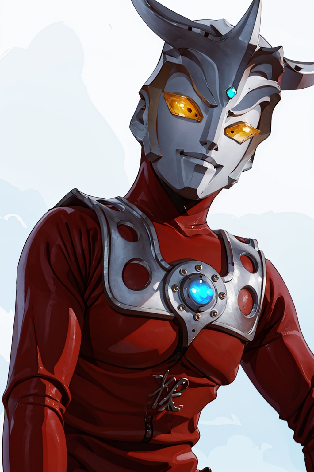 (masterpiece:1.3), (the best quality:1.2), (super fine illustrations:1.2), (Masterpiece), high quality, high detail, ((white background:1.2)), looking at viewer, (SOLO:1.4), outline, , simple background,breastplate, pauldrons, shoulder armor, armor,helmet,red footwear,red tight-fitting,silver pattern on body,bodysuit,gem,plugsuit,mask,cover,logo,boots,gloves,red legwear,red gloves,red bodysuit,leather suit,ultraman,latex