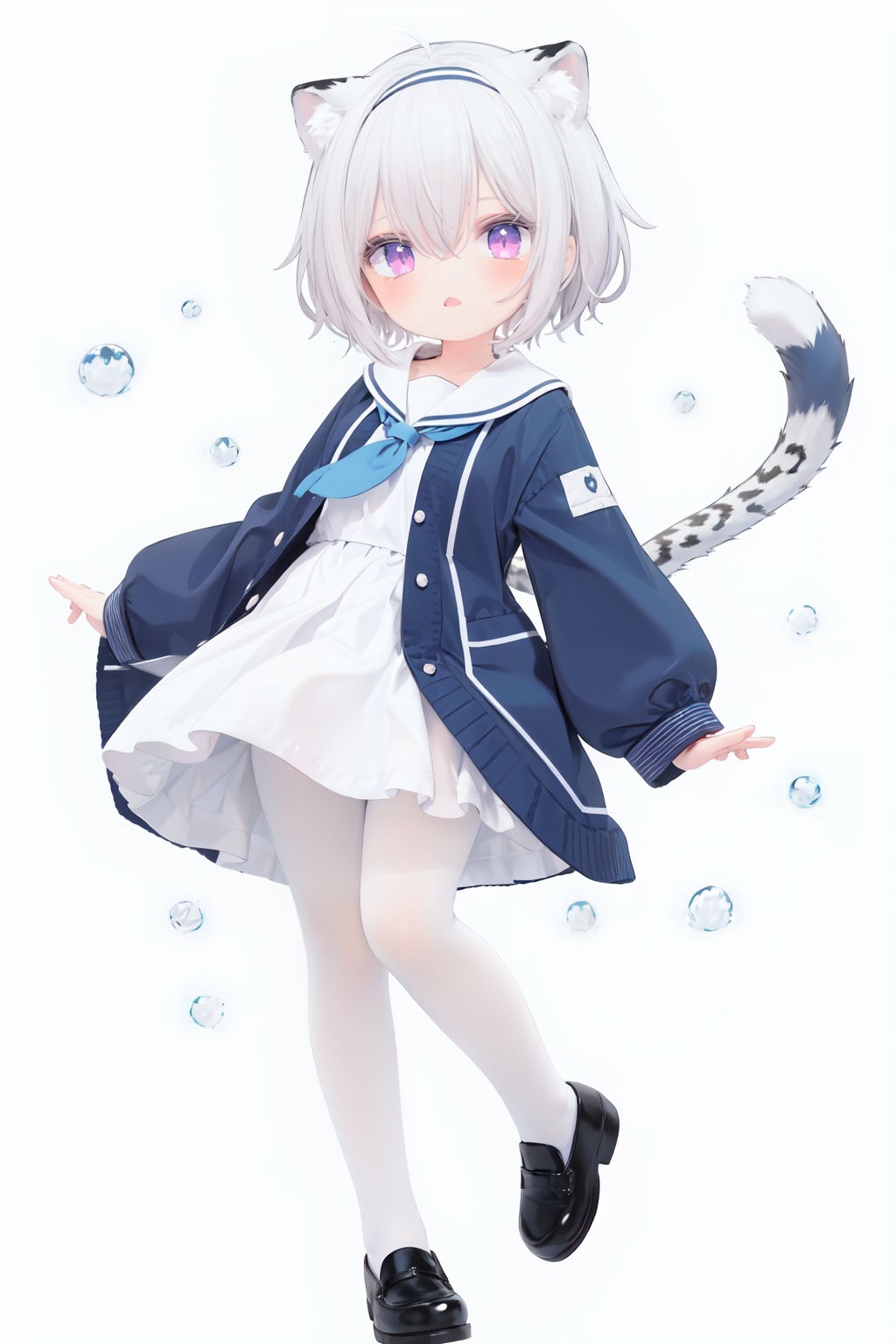  cute,solo blue shirt,blue sailor coat,loli,full body,white hair,snow leopard ear,white background,pink eyes,laugh,happy,white pantihose,white pantyhose,red armband,