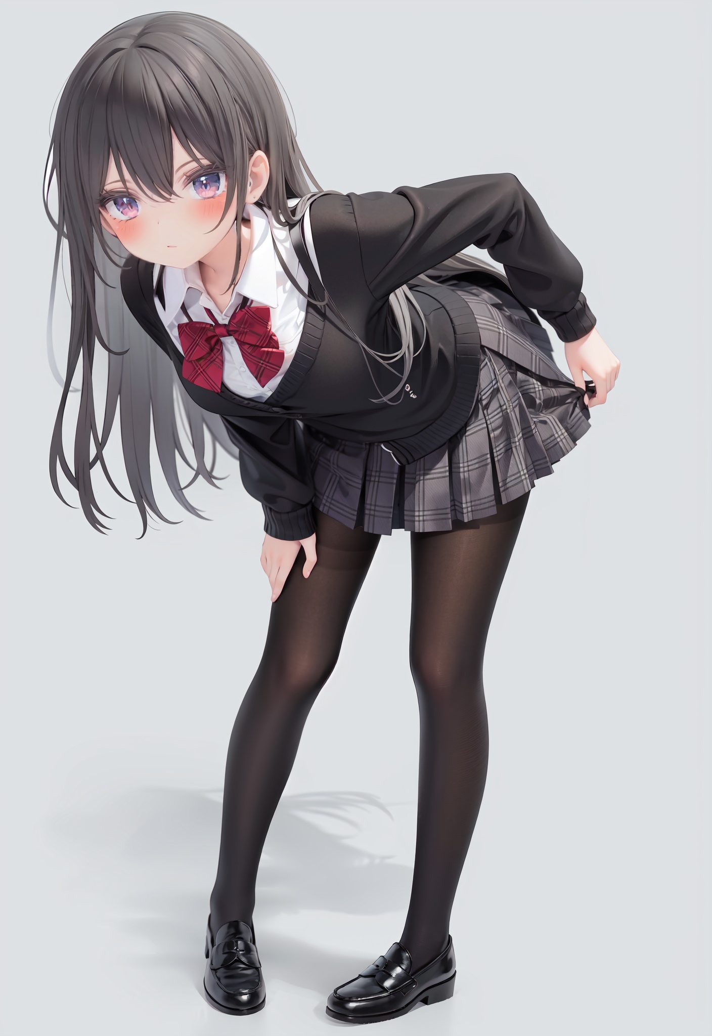  1girl, solo, pantyhose, skirt, long hair, loafers, shoes, simple background, school uniform, brown eyes, plaid, black pantyhose, plaid skirt, looking at viewer, black hair, pantyhose pull, full body, clothes pull, black footwear, pleated skirt, leaning forward, bangs, long sleeves, bent over, cardigan, bow, bowtie, standing, closed mouth, pulled by self, grey background, blush, miniskirt, red bow, sweater, **********