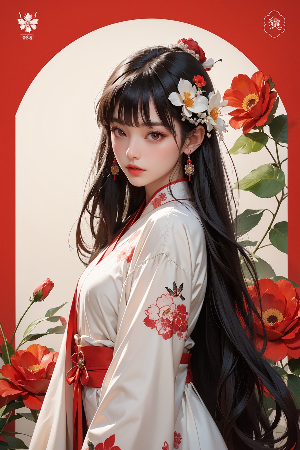 1girl, solo, Chinese clothes,

long hair, butterfly, pale skin, bug, black hair, Hanfu, hime cut, bangs, bracelet, blunt bangs, jewelry, red eyes, (flower Theme),cowboy shot, (alive skin)