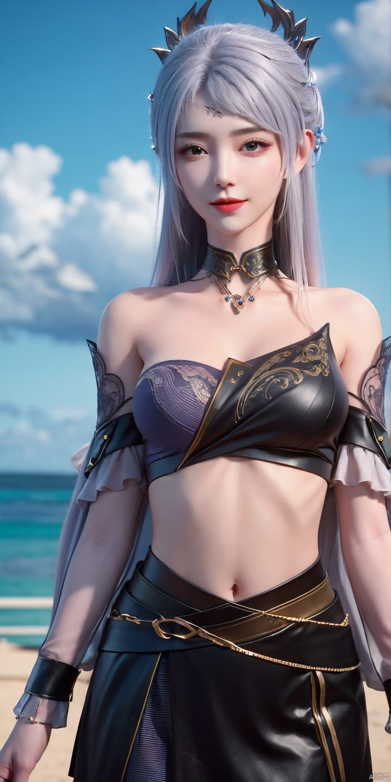  cowboy_shot,(Good structure), DSLR Quality,Short skirt,Blue sky, white clouds, ocean, nai3, 1girl, solo, crop top, , choker, navel, shirt, midriff, crop top overhang, looking at viewer, white shirt, jewelry, breasts, bare shoulders, off-shoulder shirt, off shoulder, black choker, thighs, stomach, long hair, bracelet, short sleeves, ribbon, hand up, collarbone, hair ribbon, medium breasts, , bra strap, , hair ornament, thigh gap, necklace, expressionless, , ,kind smile, luoli