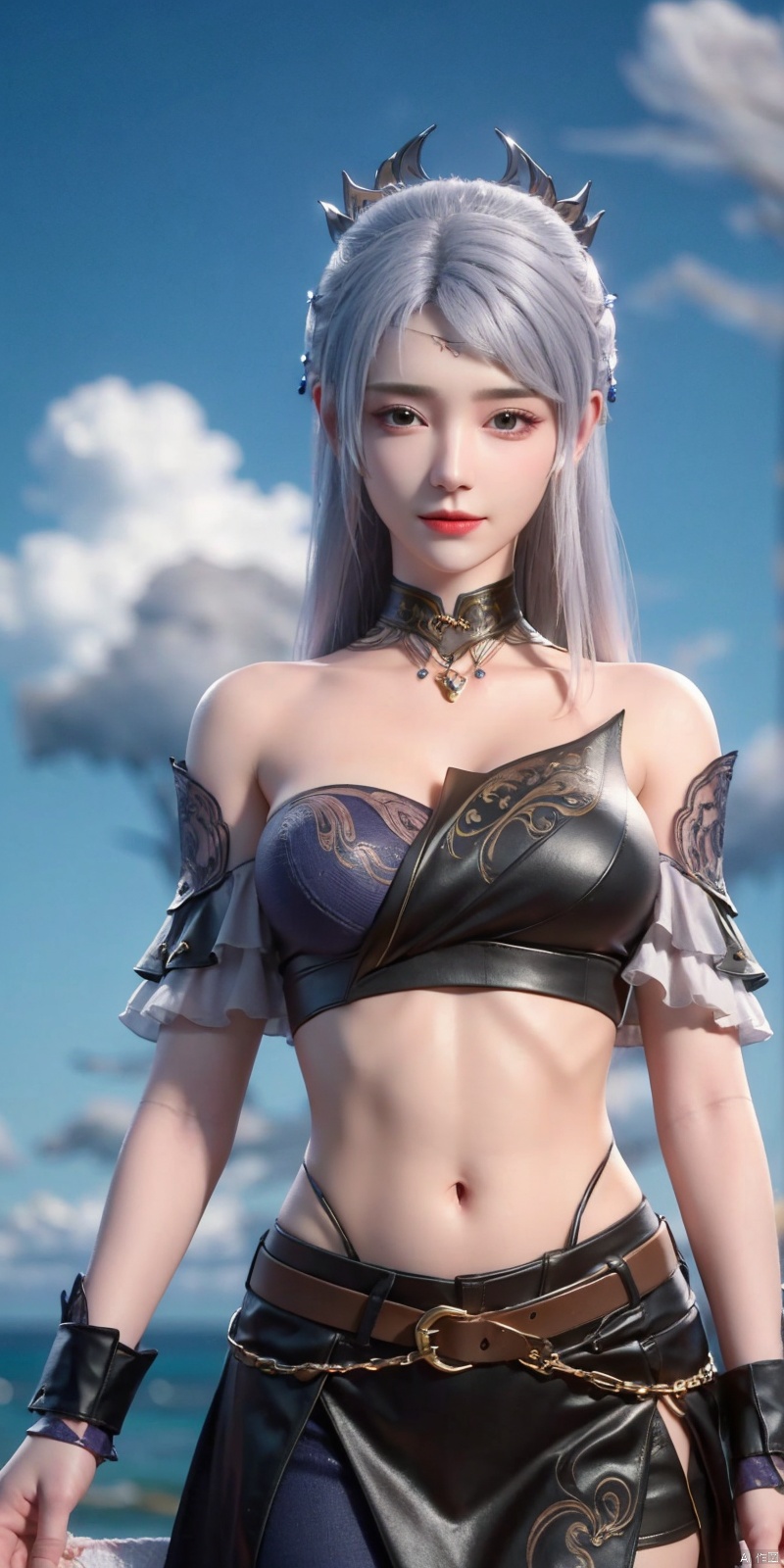  cowboy_shot,(Good structure), DSLR Quality,Short skirt,Blue sky, white clouds, ocean, nai3, 1girl, solo, crop top, , choker, navel, shirt, midriff, crop top overhang, looking at viewer, white shirt, jewelry, breasts, bare shoulders, off-shoulder shirt, off shoulder, black choker, thighs, stomach, long hair, bracelet, short sleeves, ribbon, hand up, collarbone, hair ribbon, medium breasts, , bra strap, , hair ornament, thigh gap, necklace, expressionless, , ,kind smile, luoli
