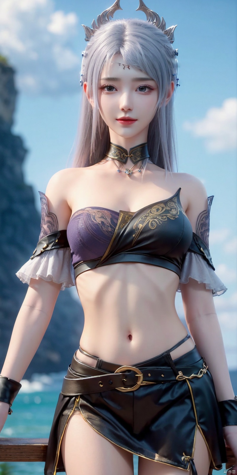  cowboy_shot,(Good structure), DSLR Quality,Short skirt,Blue sky, white clouds, ocean, nai3, 1girl, solo, crop top, , choker, navel, shirt, midriff, crop top overhang, looking at viewer, white shirt, jewelry, breasts, bare shoulders, off-shoulder shirt, off shoulder, black choker, thighs, stomach, long hair, bracelet, short sleeves, ribbon, hand up, collarbone, hair ribbon, medium breasts, , bra strap, , hair ornament, thigh gap, necklace, expressionless, , ,kind smile, luoli