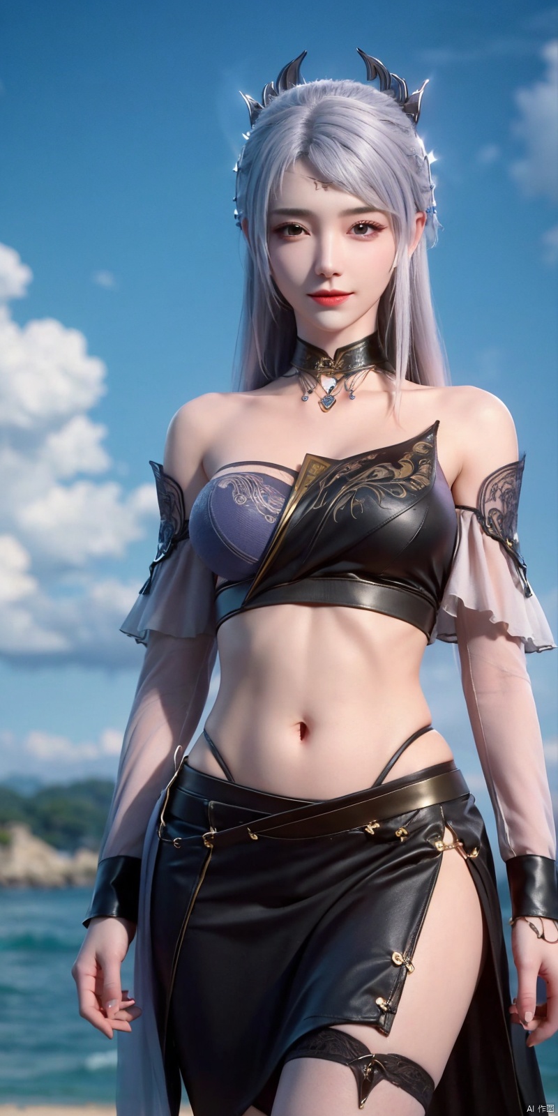  cowboy_shot,(Good structure), DSLR Quality,Short skirt,Blue sky, white clouds, ocean, nai3, 1girl, solo, crop top, , choker, navel, shirt, midriff, crop top overhang, looking at viewer, white shirt, jewelry, breasts, bare shoulders, off-shoulder shirt, off shoulder, black choker, thighs, stomach, long hair, bracelet, short sleeves, ribbon, hand up, collarbone, hair ribbon, medium breasts, , bra strap, , hair ornament, thigh gap, necklace, expressionless, , ,kind smile, luoli
