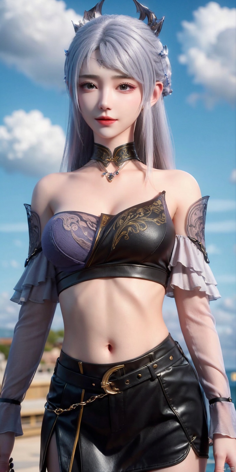  cowboy_shot,(Good structure), DSLR Quality,Short skirt,Blue sky, white clouds, ocean, nai3, 1girl, solo, crop top, , choker, navel, shirt, midriff, crop top overhang, looking at viewer, white shirt, jewelry, breasts, bare shoulders, off-shoulder shirt, off shoulder, black choker, thighs, stomach, long hair, bracelet, short sleeves, ribbon, hand up, collarbone, hair ribbon, medium breasts, , bra strap, , hair ornament, thigh gap, necklace, expressionless, , ,kind smile, luoli