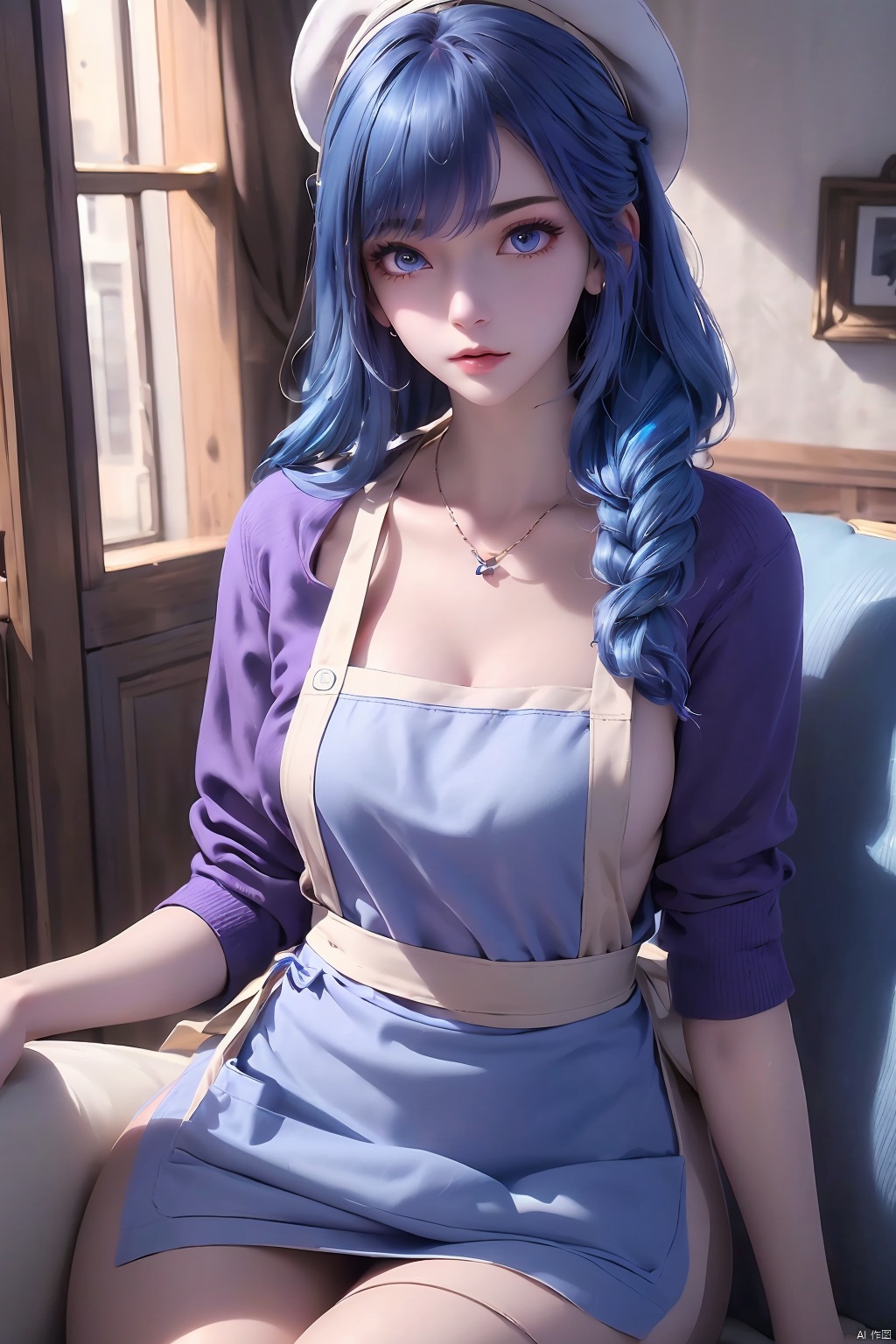 1girl, twintails, white hat, (naked brown apron:1.4), (Blue hair:1.2), Sitting on the sofa, ((Purple and blue clothes)), dreamy light, (8k,  RAW photo,  best quality,  masterpiece:1.2), (realistic,  photo fidelity:1.3), ultra fine, ultra fine cg 8k wallpaper,  white sweater,  luoxinyu,<lora:EMS-80191-EMS:0.500000>,<lora:EMS-256020-EMS:0.400000>,<lora:EMS-198876-EMS:0.800000>