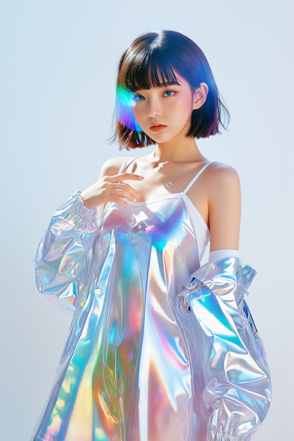 transparent color PVC clothing,  transparent color vinyl clothing,  prismatic on Tensor.Art