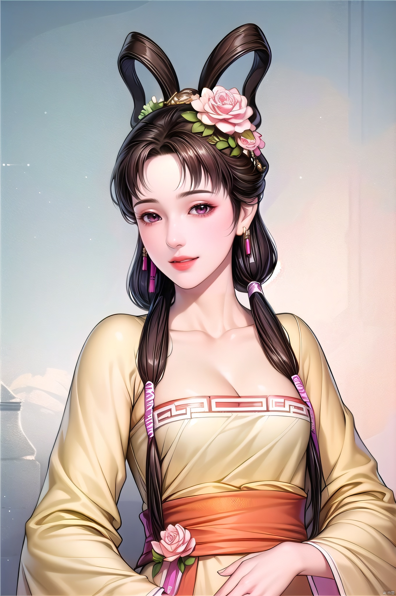 yuanshen, 1girl, flower, hair ornament, solo, hair flower, hanfu, cleavage, long hair, chinese clothes, black hair, hair rings, smile, dress, sash, brown hair, looking at viewer,nice hands,upper_body