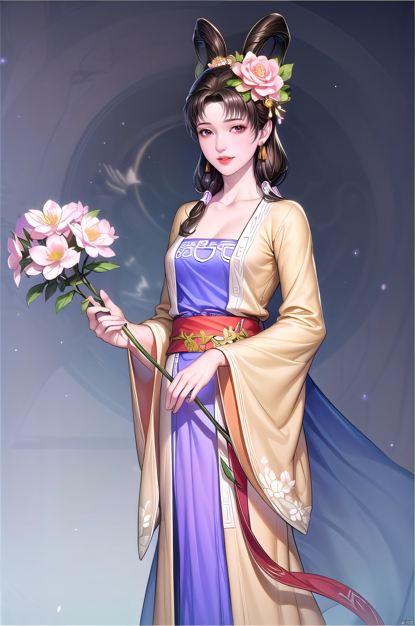 yuanshen, 1girl, flower, hair ornament, solo, hair flower, hanfu, cleavage, long hair, chinese clothes, black hair, hair rings, smile, dress, sash, brown hair, looking at viewer,nice hands,
