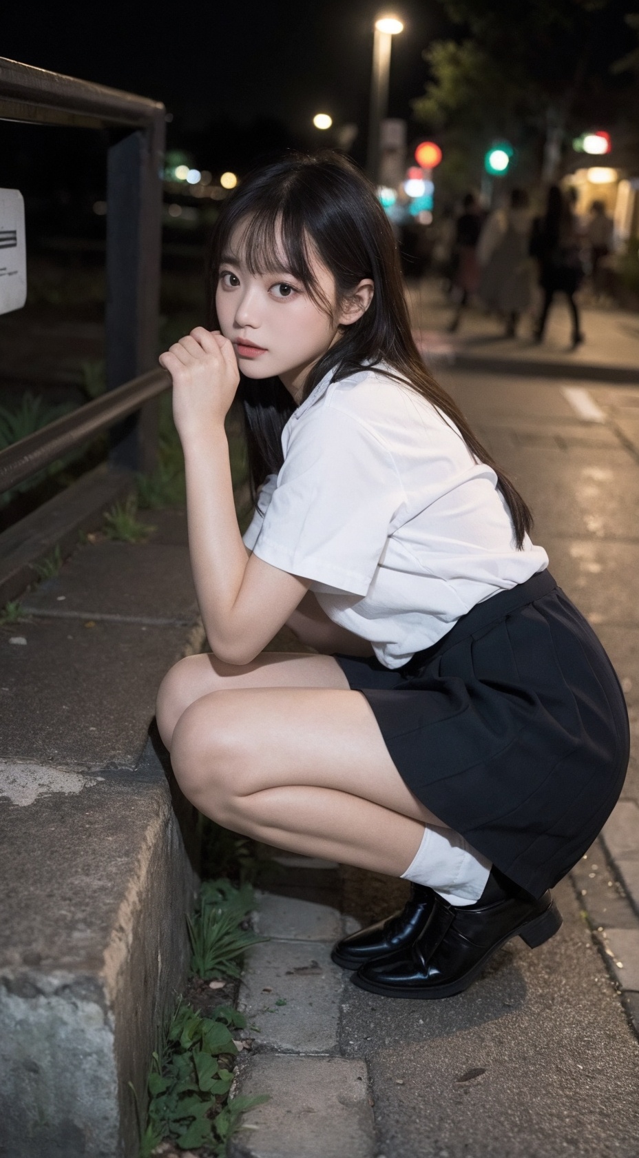  akl,Best quality, 1girl, Drunk, full-body, squating,squatting,long wavy hair, ,white shirt outside, Pleated skirt, night, shapely body,