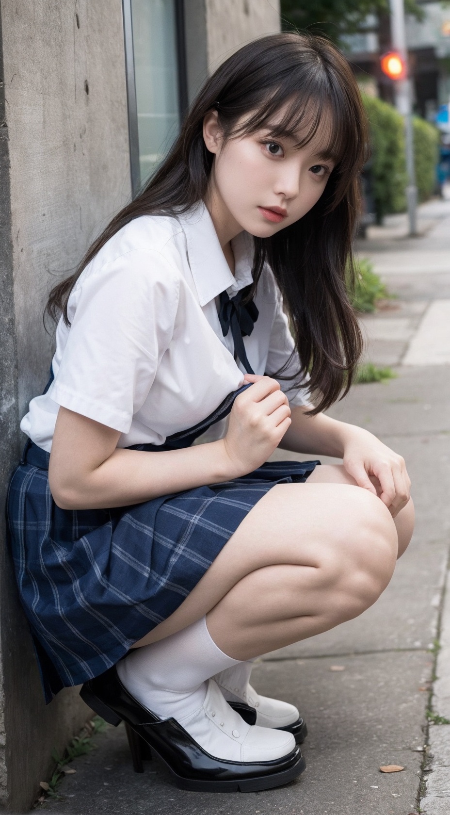  akl,Best quality, 1girl, Drunk, full-body, squating,squatting,long wavy hair, ,white shirt outside, Pleated skirt, night, shapely body,