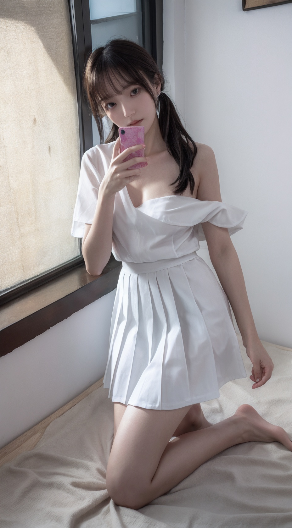  akl,Best quality, 1girl, Drunk, full-body, long wavy hair, parted lips,  bare shoulder, collarbone, open clothes,white shirt outside, Pleated skirt,kneeling, night, Mobile selfie perspective, shapely body,midnight,