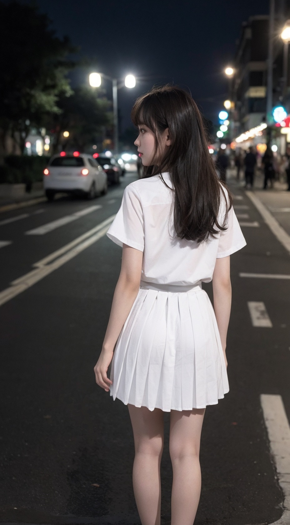  akl,Best quality, 1girl, Drunk, full-body, from behind,long wavy hair, ,white shirt outside, Pleated skirt, night, shapely body,