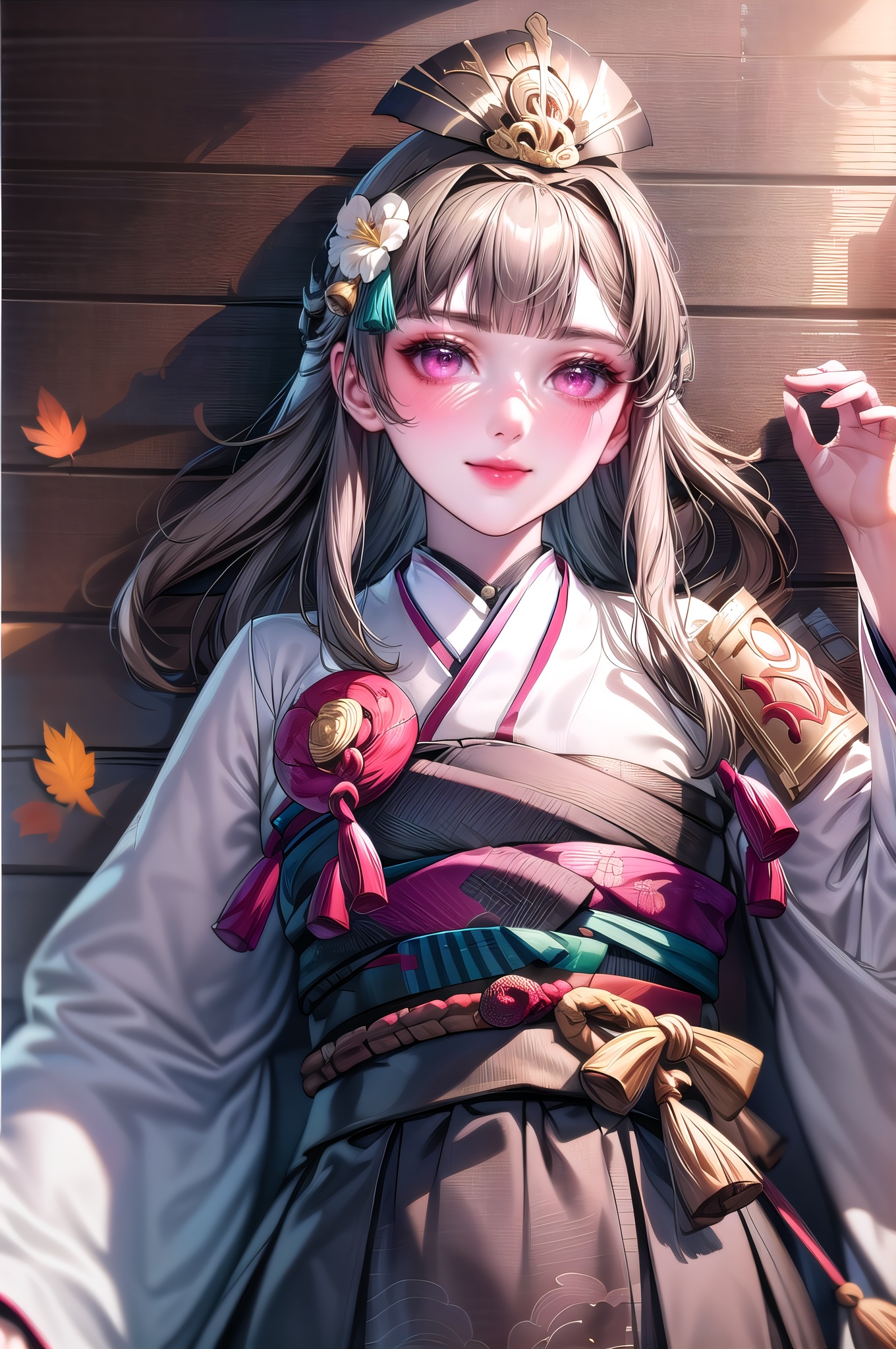 yuanshen, 1girl, solo,japanese clothes, hair ornament, flower, socks, looking at viewer, armor, hair flower, wide sleeves, long sleeves, brown hair, short hair, white socks, architecture, purple eyes, skirt, outdoors, kneehighs, east asian architecture, sash, bangs, closed mouth, leaf, geta, kimono, tassel, obi, red eyes, smile, helmet, black skirt, (upper body:1.5), nice hands, perfect balance, looking at viewer, closed mouth, (Light_Smile:0.3), official art, extremely detailed CG unity 8k wallpaper, perfect lighting, Colorful, Bright_Front_face_Lighting, White skin, (masterpiece:1), (best_quality:1), ultra high res, 4K, ultra-detailed, photography, 8K, HDR, highres, absurdres:1.2, Kodak portra 400, film grain, blurry background, bokeh:1.2, lens flare, (vibrant_color:1.2), professional photograph, (narrow_waist),(lying on back:1.5),