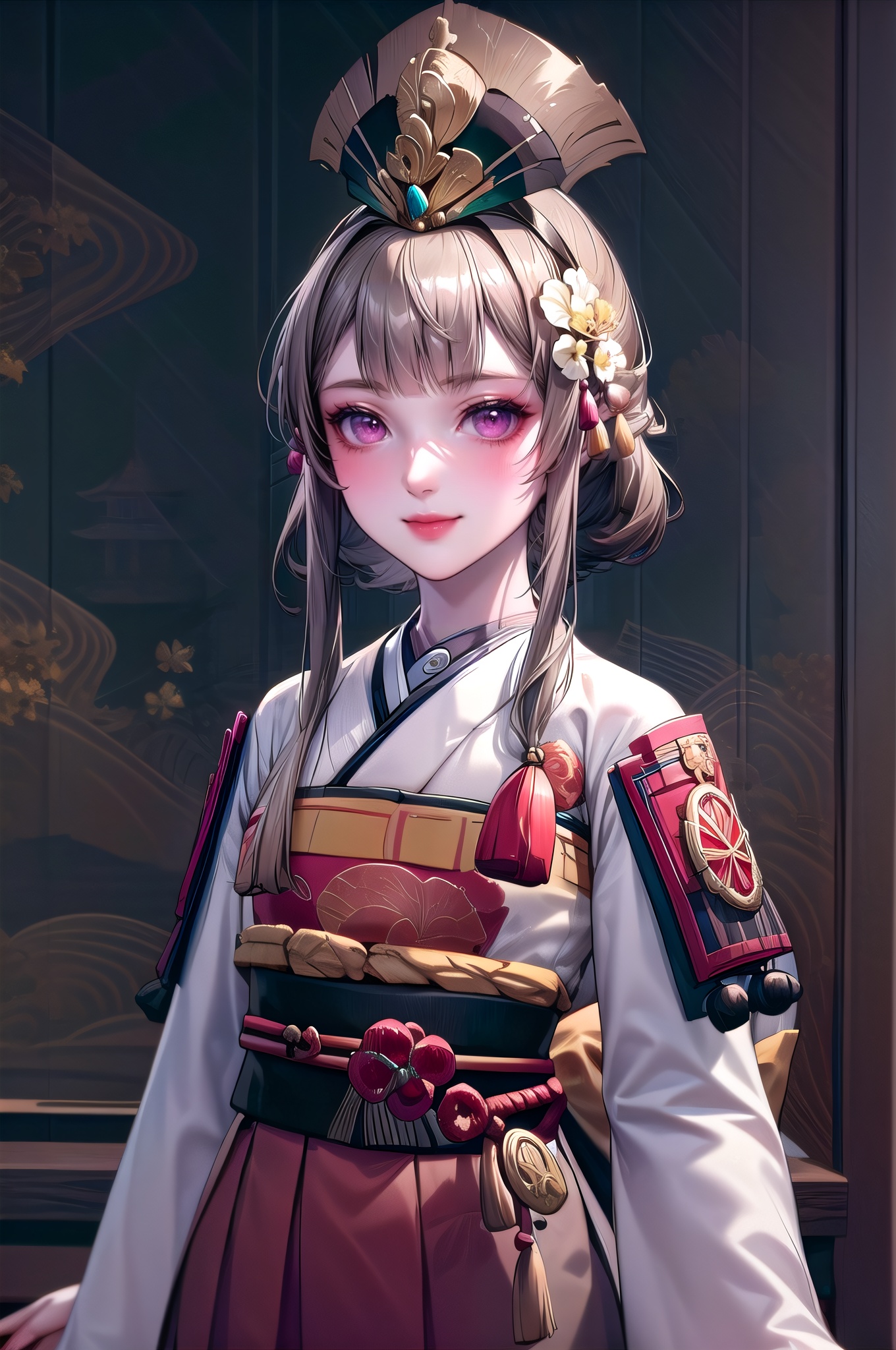 yuanshen, 1girl, solo,japanese clothes, hair ornament, flower, socks, looking at viewer, armor, hair flower, wide sleeves, long sleeves, brown hair, short hair, white socks, architecture, purple eyes, skirt, outdoors, kneehighs, east asian architecture, sash, bangs, closed mouth, leaf, geta, kimono, tassel, obi, red eyes, smile, helmet, black skirt, (upper body:1.5), nice hands, perfect balance, looking at viewer, closed mouth, (Light_Smile:0.3), official art, extremely detailed CG unity 8k wallpaper, perfect lighting, Colorful, Bright_Front_face_Lighting, White skin, (masterpiece:1), (best_quality:1), ultra high res, 4K, ultra-detailed, photography, 8K, HDR, highres, absurdres:1.2, Kodak portra 400, film grain, blurry background, bokeh:1.2, lens flare, (vibrant_color:1.2), professional photograph, (narrow_waist),