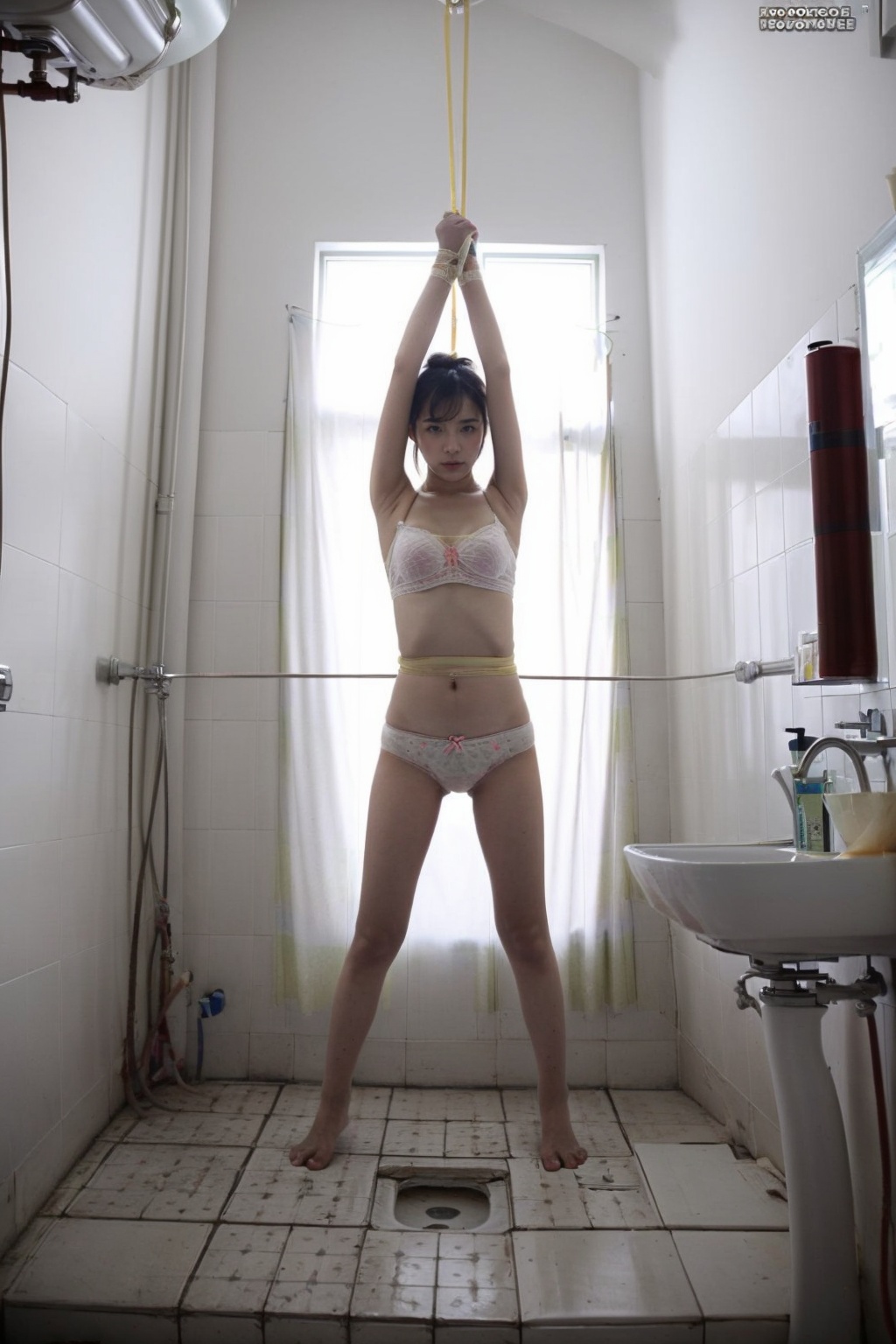  Windows, HDR, UHD, 8K, A real person, Highly detailed, best quality, masterpiece, bound, 1girl, bdsm,  bathroom, solo, tile_wall, tiles,   bound_wrists, underwear, toilet, panties, barefoot, restrained
