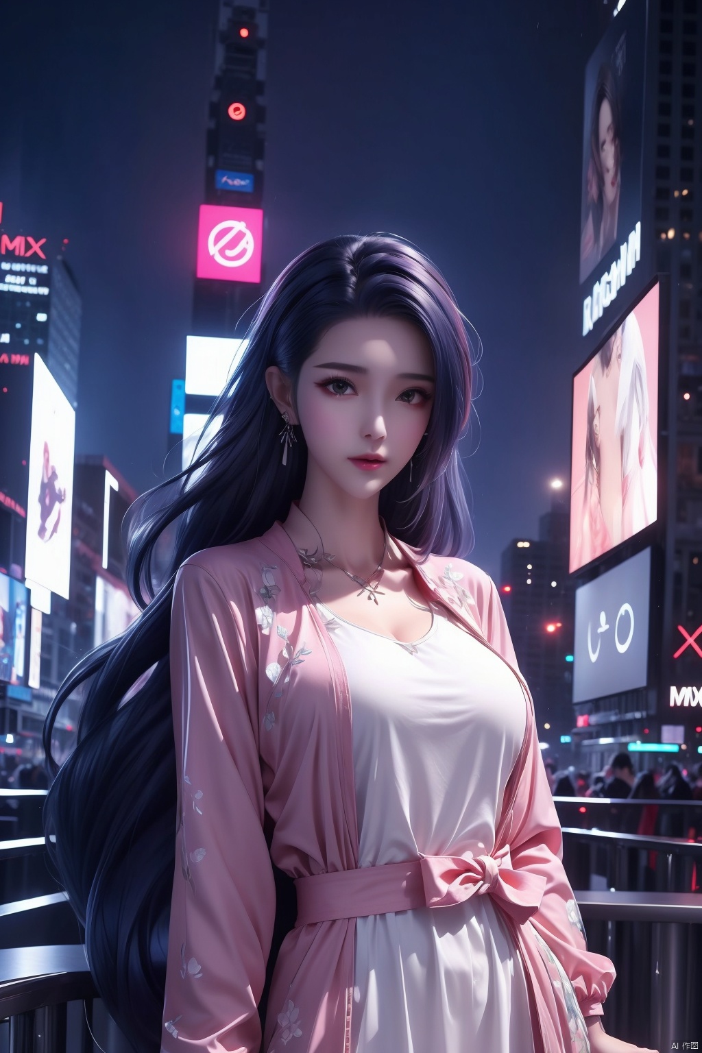 Ultra-high resolution,  cinematic lighting, Woman wearing pink raincoat in Times Square, xxmix_girl, more detail XL,  white long hair,  yunxi,<lora:EMS-254762-EMS:0.300000>,<lora:EMS-80191-EMS:0.300000>,<lora:EMS-206360-EMS:0.800000>