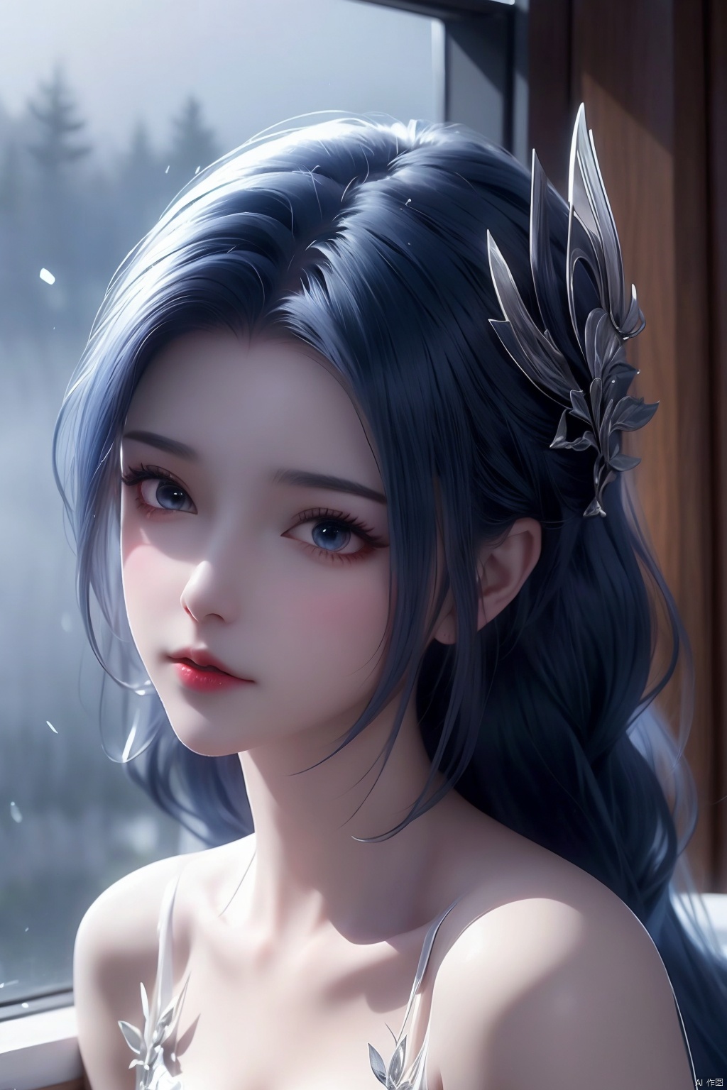1girl, bare shoulders, black hair, Upper body close-up,  Shadow Priestess,  with dark blue hair woven into intricate braids of interwoven silver,  cold gray eyes,  solemnly gazing in silver transparent clothing. In the thick fog,  the entrance is blocked by the mist. The lost whispering soul lingers,  the best qualities,  (beautiful eyes),  peacock_costume,  kongque,<lora:EMS-1126-EMS:0.600000>,<lora:EMS-80191-EMS:0.600000>,<lora:EMS-206360-EMS:0.800000>