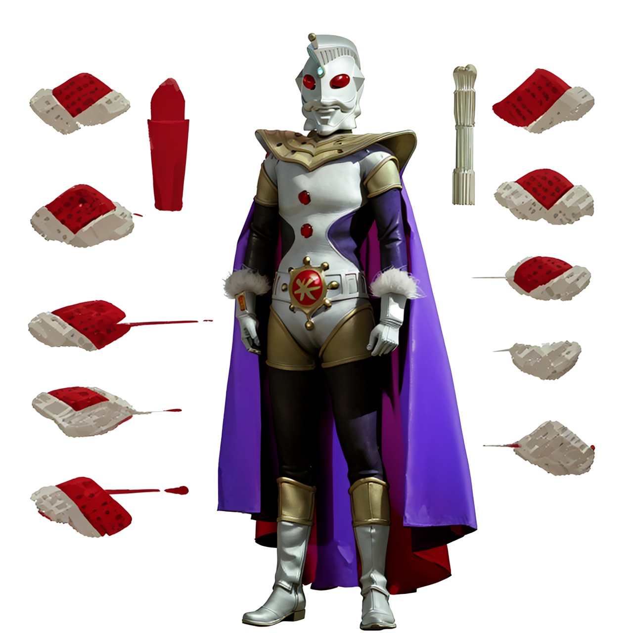 (masterpiece:1.3),(the best quality:1.2),(super fine illustrations:1.2),(Masterpiece),high quality,high detail,(white background:1.2),looking at viewer,(SOLO:1.4),outline,simplebackground,, gloves,boots,helmet,cape,gem,white gloves,shoulder armor,white bodysuit,legwear,logo,cover,mask,plugsuit,bodysuit,purple pattern on body,white tight-fitting,white footwear,leather suit,ultraman,latex,