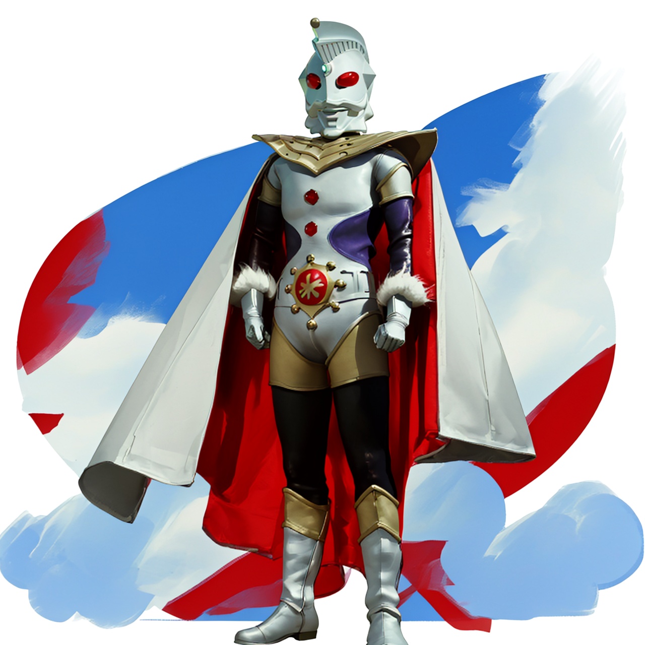 (masterpiece:1.3),(the best quality:1.2),(super fine illustrations:1.2),(Masterpiece),high quality,high detail,(white background:1.2),looking at viewer,(SOLO:1.4),outline,simplebackground,, gloves,boots,helmet,cape,gem,white gloves,shoulder armor,white bodysuit,legwear,logo,cover,mask,plugsuit,bodysuit,purple pattern on body,white tight-fitting,white footwear,leather suit,ultraman,latex,