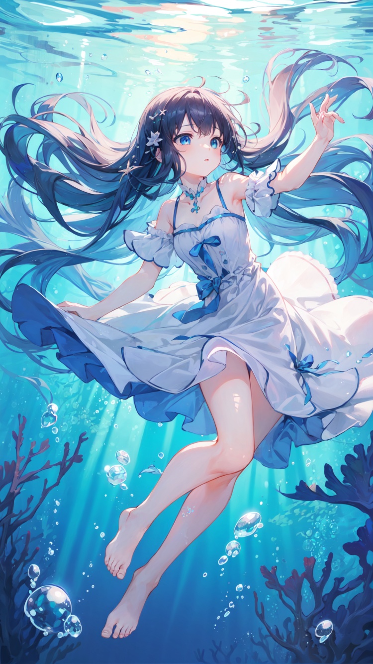  wide shot, (solo:1.3), dramatic angle, (underwater:1.2), masterpiece, best quality, intricate detail, 1girl, swimming, loli, (long hair:1.2), solo, expressionless, blue eyes, looking_up, shoulder strap dress, floating hair, floating clothes, god rays, bubble, barefoot, (full body:1.2), outstretched arm, , perfect hands,