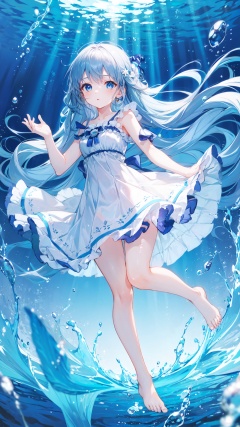  wide shot, (solo:1.3), dramatic angle, (underwater:1.2), masterpiece, best quality, intricate detail, 1girl, swimming, loli, (long hair:1.2), solo, expressionless, blue eyes, looking_up, shoulder strap dress, floating hair, floating clothes, god rays, bubble, barefoot, (full body:1.2), outstretched arm, , perfect hands,