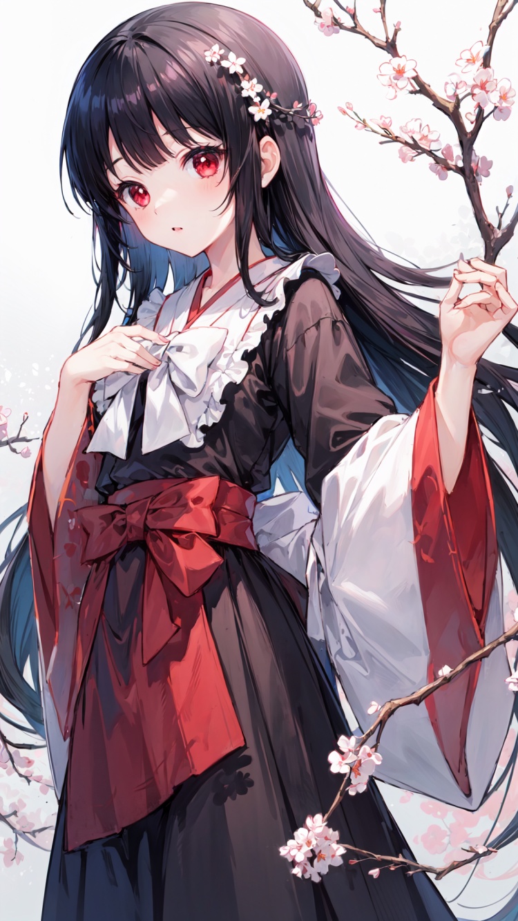  masterpiece, best quality, ,1girl,houraisan kaguya, jeweled branch of hourai,branch,black hair,long hair,red eyes,skirt, wide sleeves,grey background,