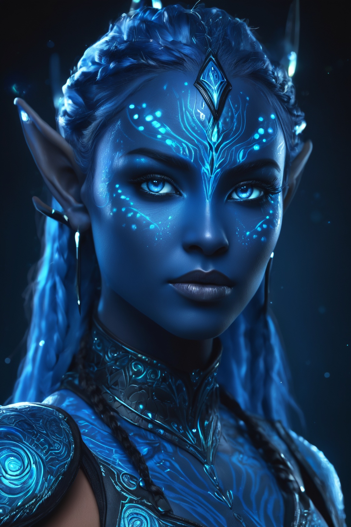 blue humanoid avatar with bioluminescent avatar markings dots and patterns on their skin. Pointed elf ears. avatar like ha...