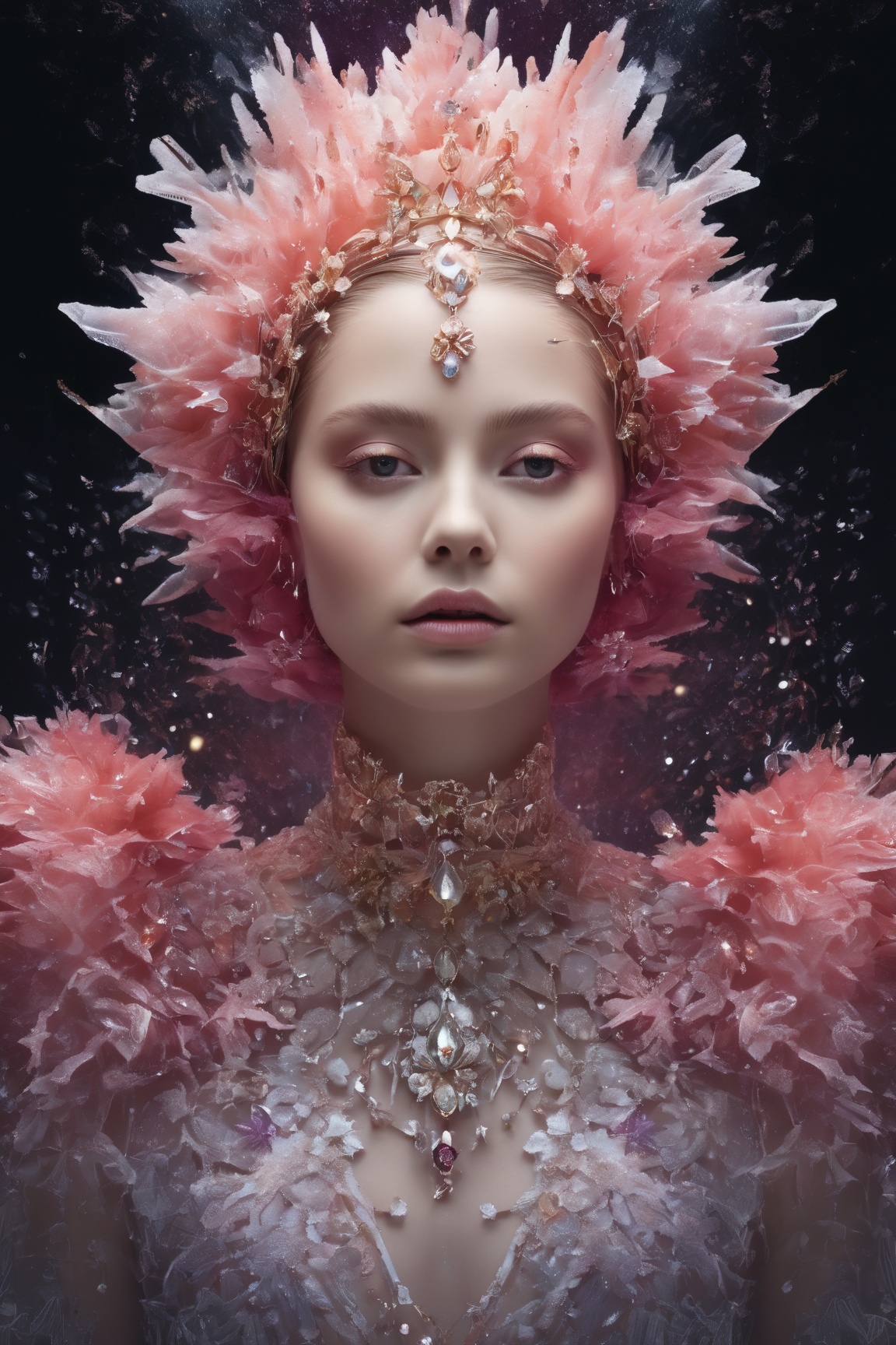 (Produce an exquisite photo RAW image) capturing a surreal scene of a ((ghostly long-tailed crystal)) adorned with ((black...