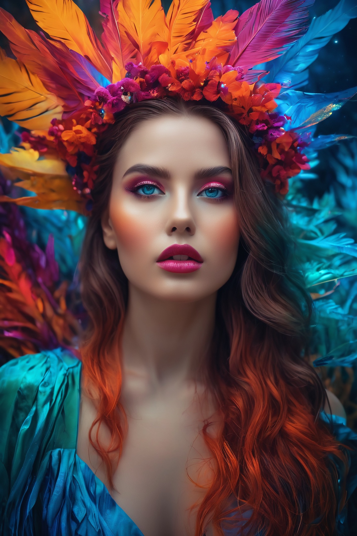 An extraordinary 8K photograph that transports a woman into a surreal,  dreamlike world of vibrant colors and dramatic lig...
