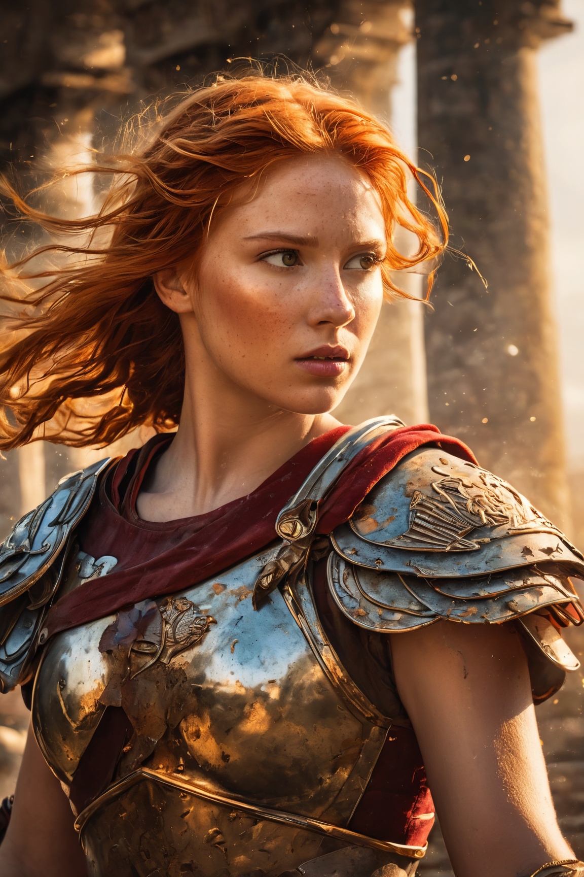 (Create an epic and detailed masterpiece) in a ((comic style)) featuring a ((Roman ginger-haired girl)) as a gladiator eng...